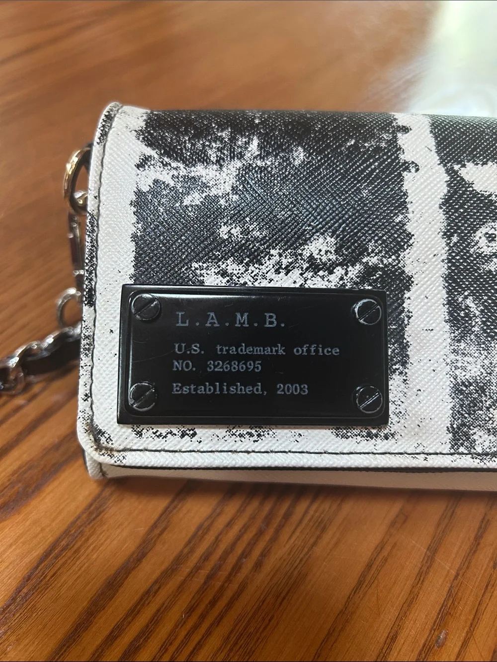 L.A.M.B. Black and White Graphic Wallet with Silver-tone Ribbon Chain